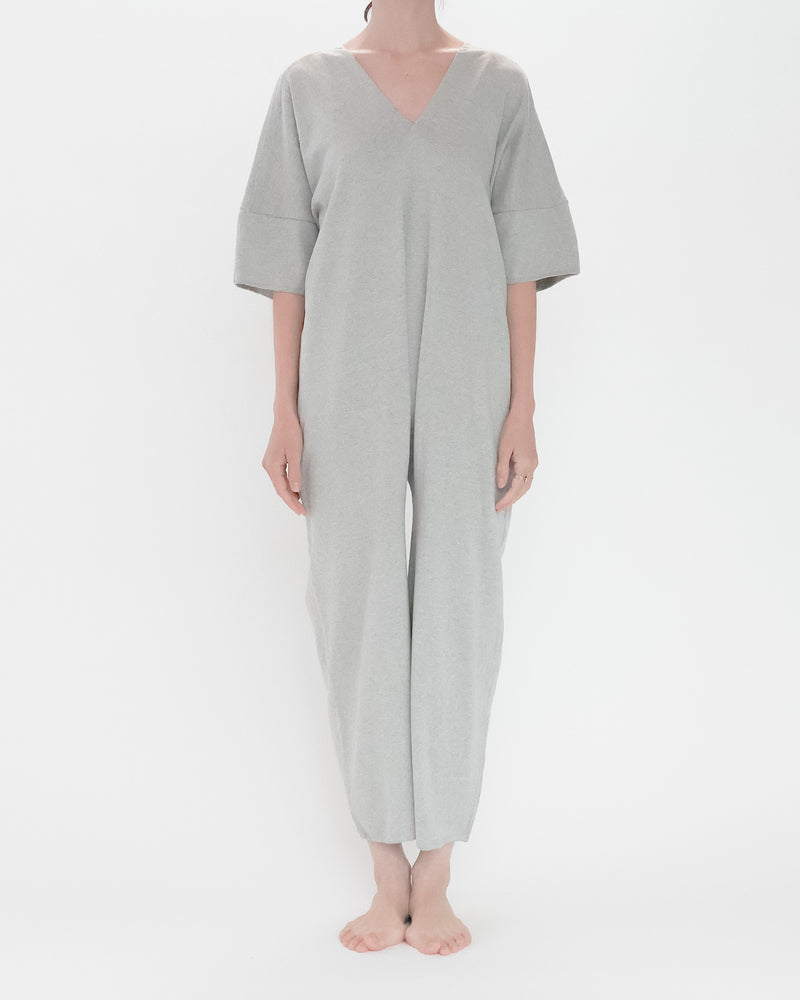 Recycle Cotton Knit V-Cut Jumpsuit Short Sleeve