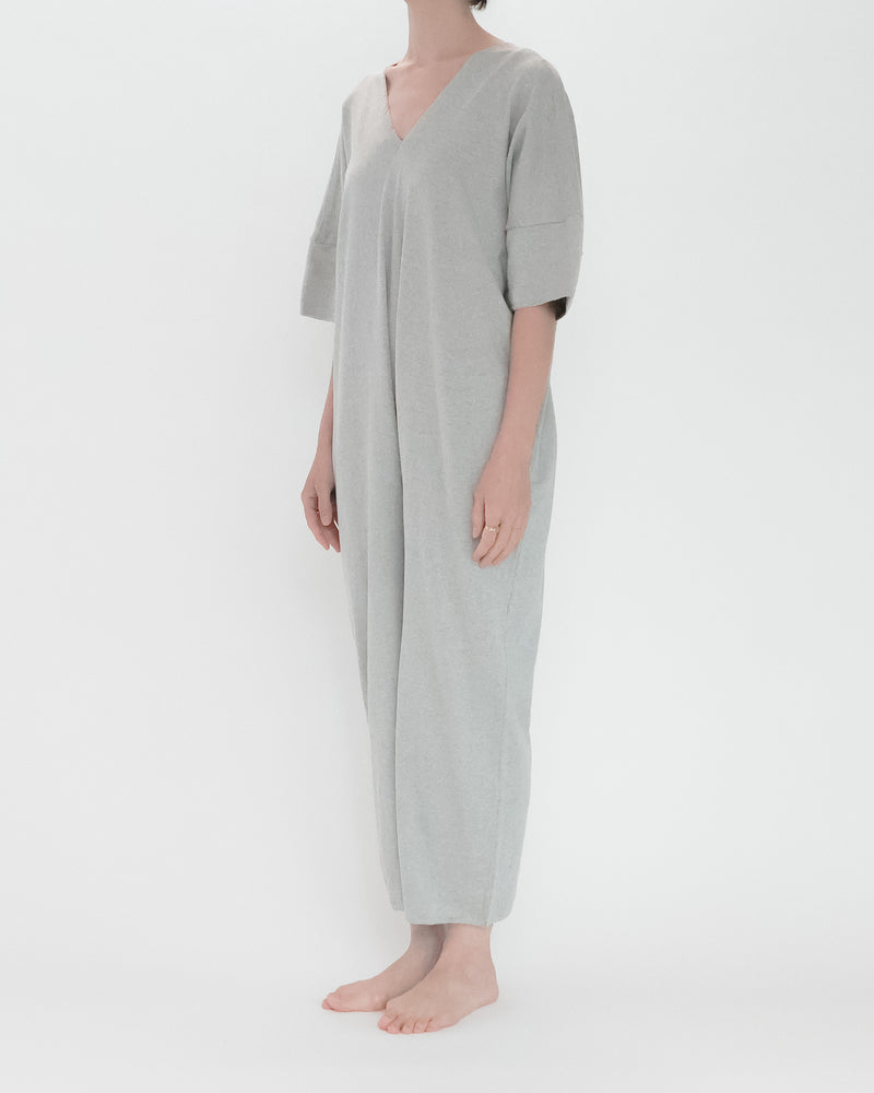 Recycle Cotton Knit V-Cut Jumpsuit Short Sleeve