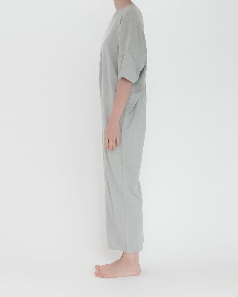 Recycle Cotton Knit V-Cut Jumpsuit Short Sleeve