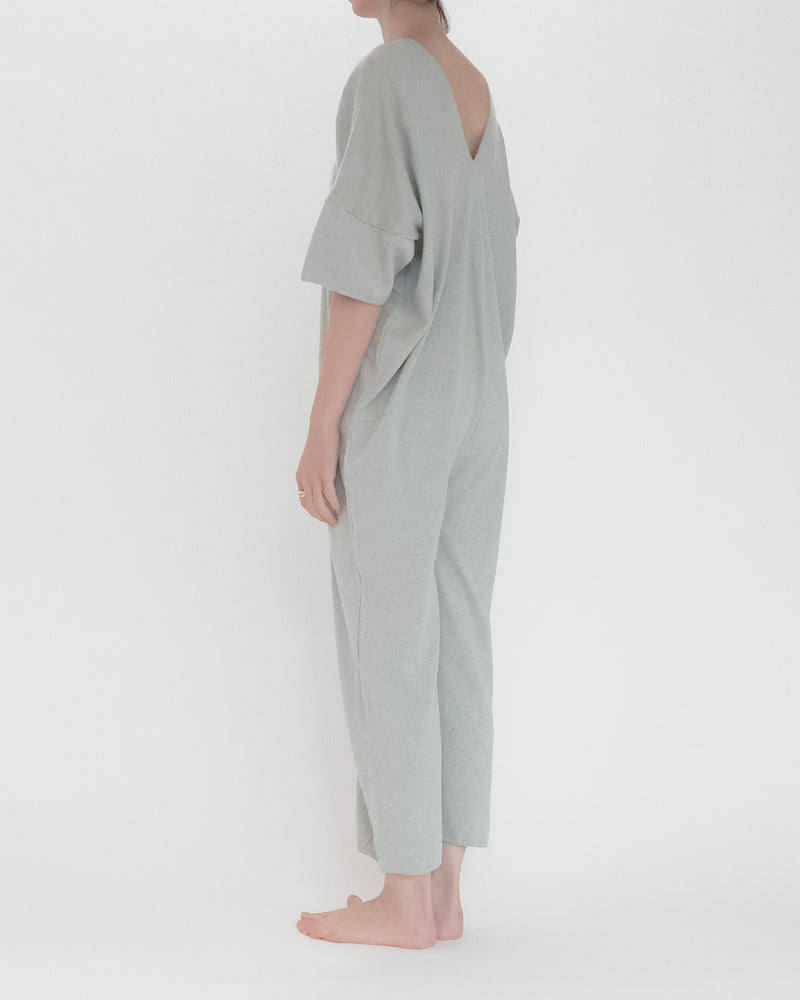 Recycle Cotton Knit V-Cut Jumpsuit Short Sleeve