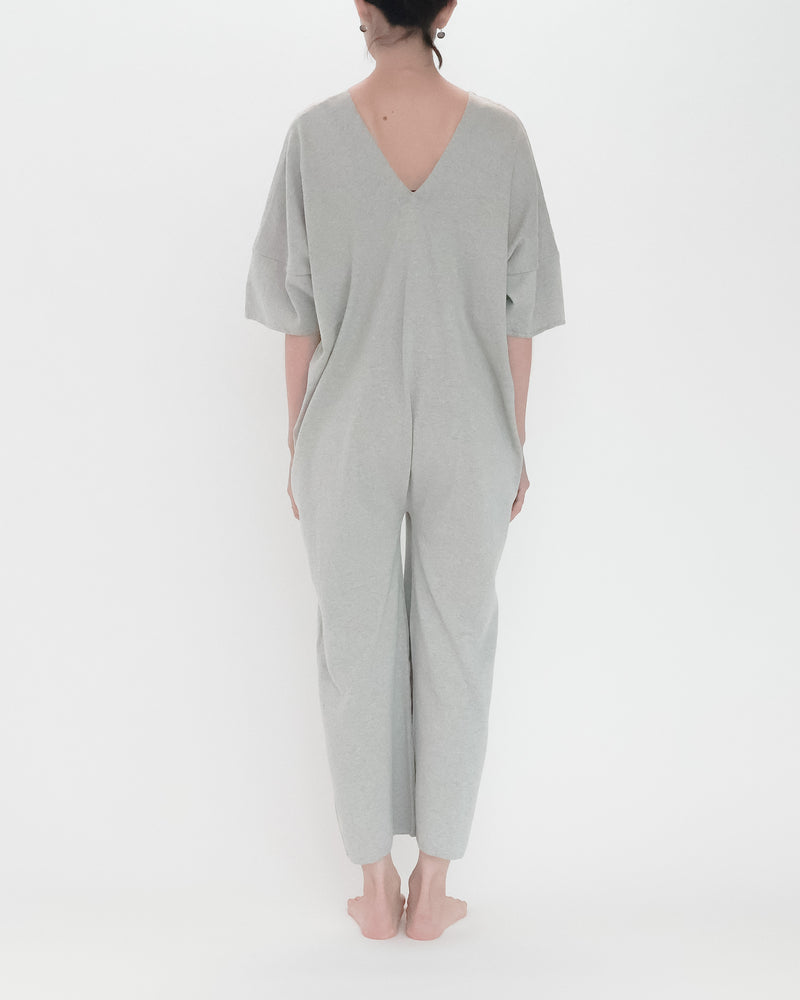 Recycle Cotton Knit V-Cut Jumpsuit Short Sleeve