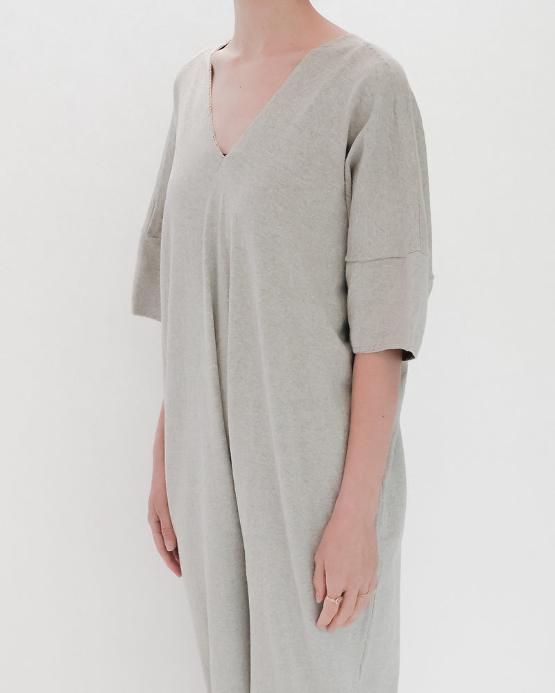 Recycle Cotton Knit V-Cut Jumpsuit Short Sleeve