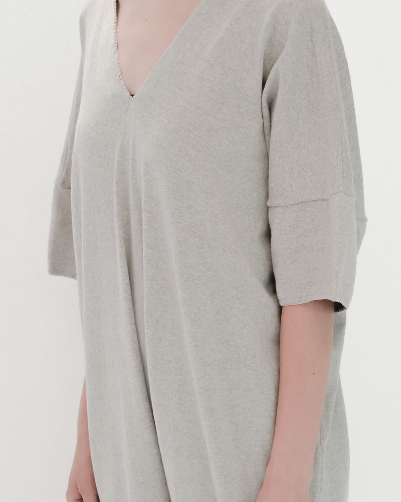 Recycle Cotton Knit V-Cut Jumpsuit Short Sleeve