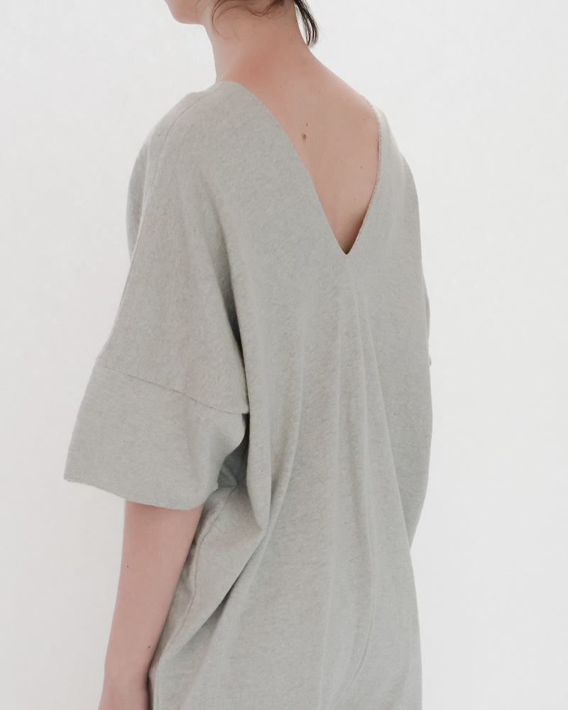 Recycle Cotton Knit V-Cut Jumpsuit Short Sleeve