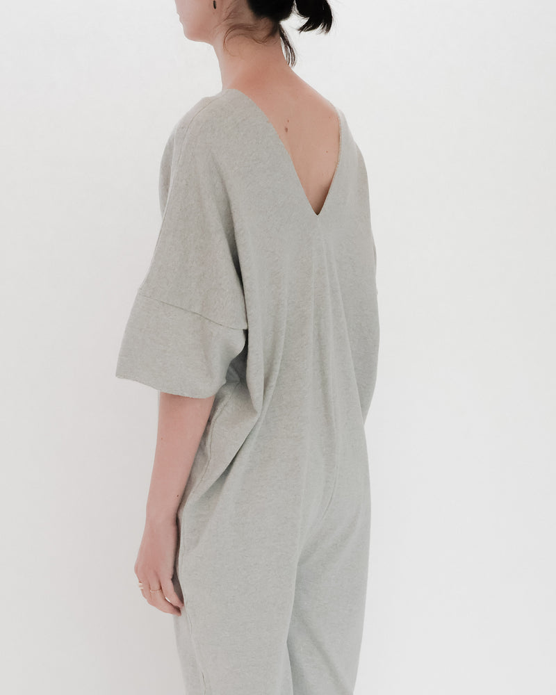 Recycle Cotton Knit V-Cut Jumpsuit Short Sleeve