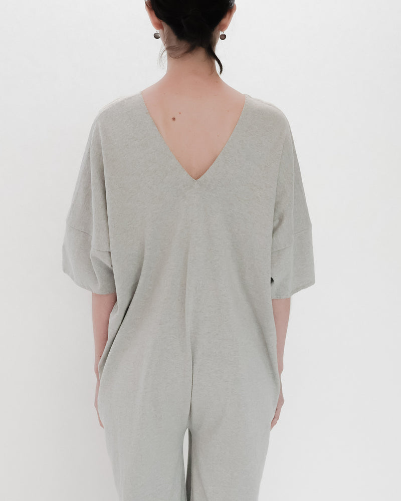 Recycle Cotton Knit V-Cut Jumpsuit Short Sleeve