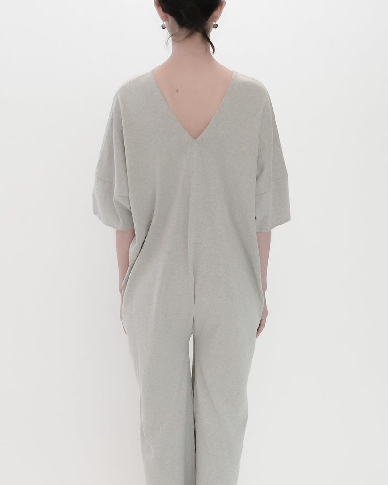 Recycle Cotton Knit V-Cut Jumpsuit Short Sleeve