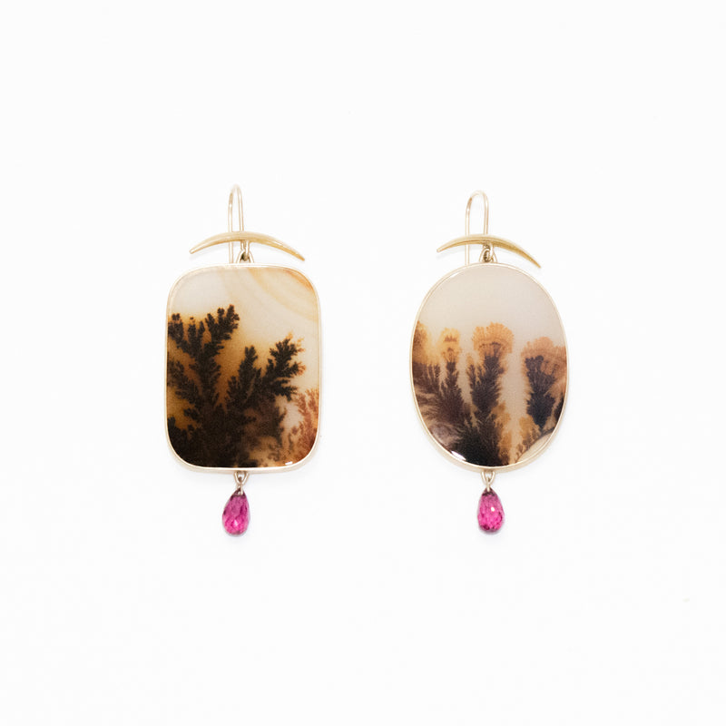 Dendrite Earrings With Garnet Drop Assymentrical