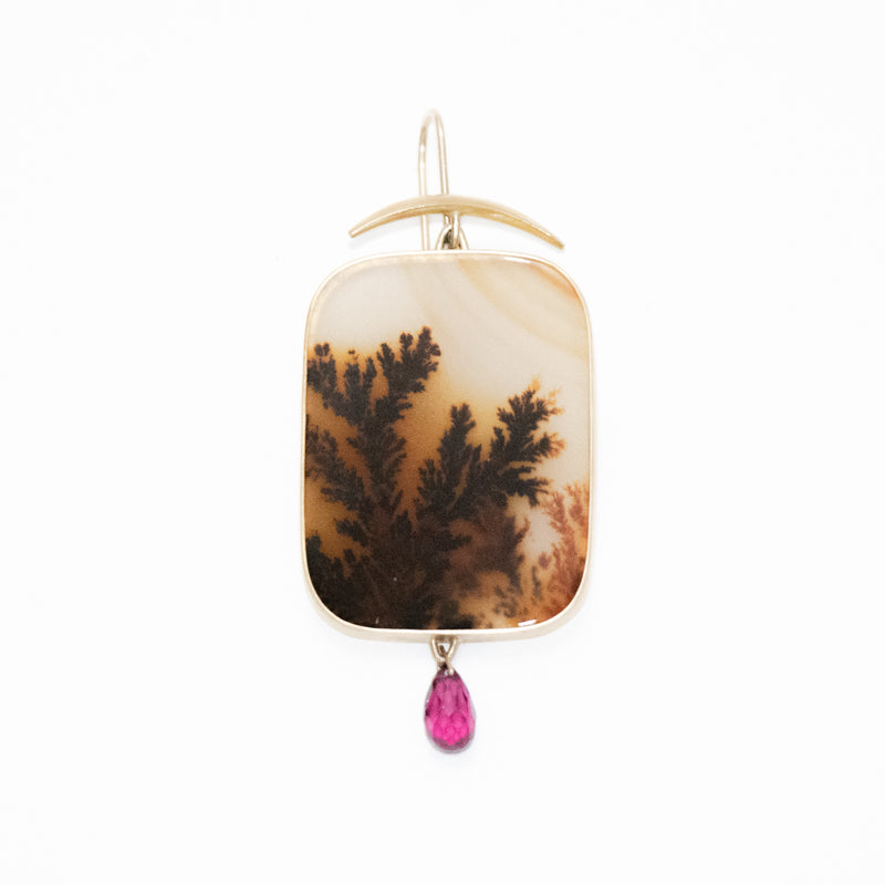 Dendrite Earrings With Garnet Drop Assymentrical