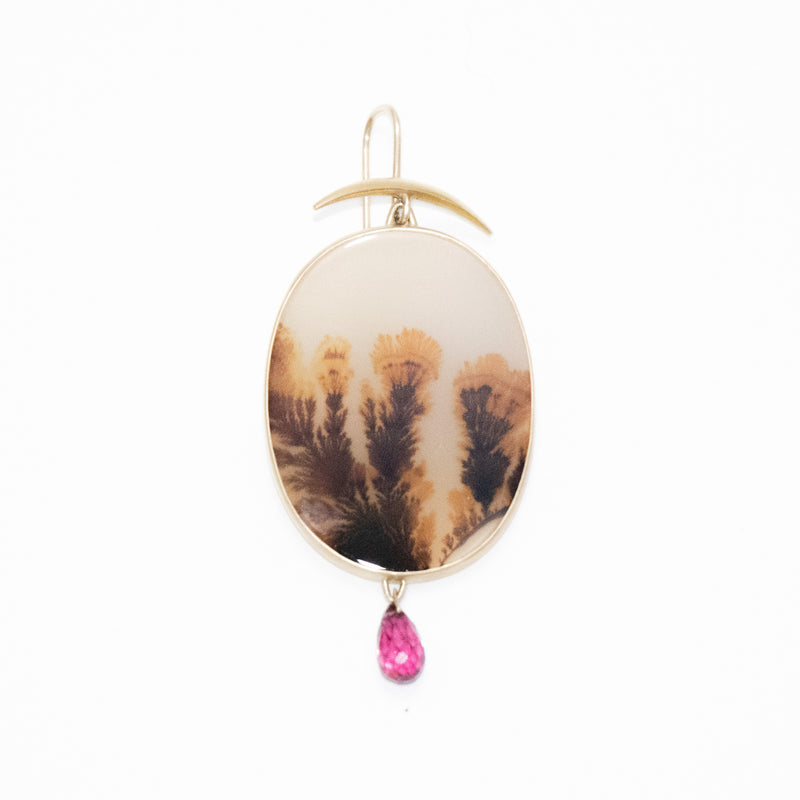 Dendrite Earrings With Garnet Drop Assymentrical