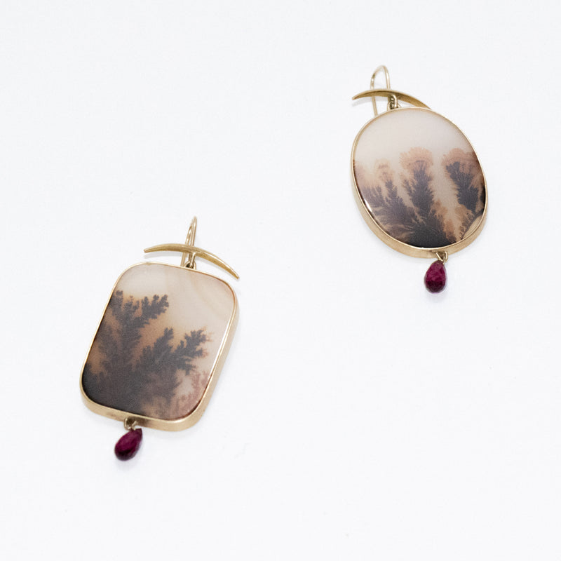 Dendrite Earrings With Garnet Drop Assymentrical
