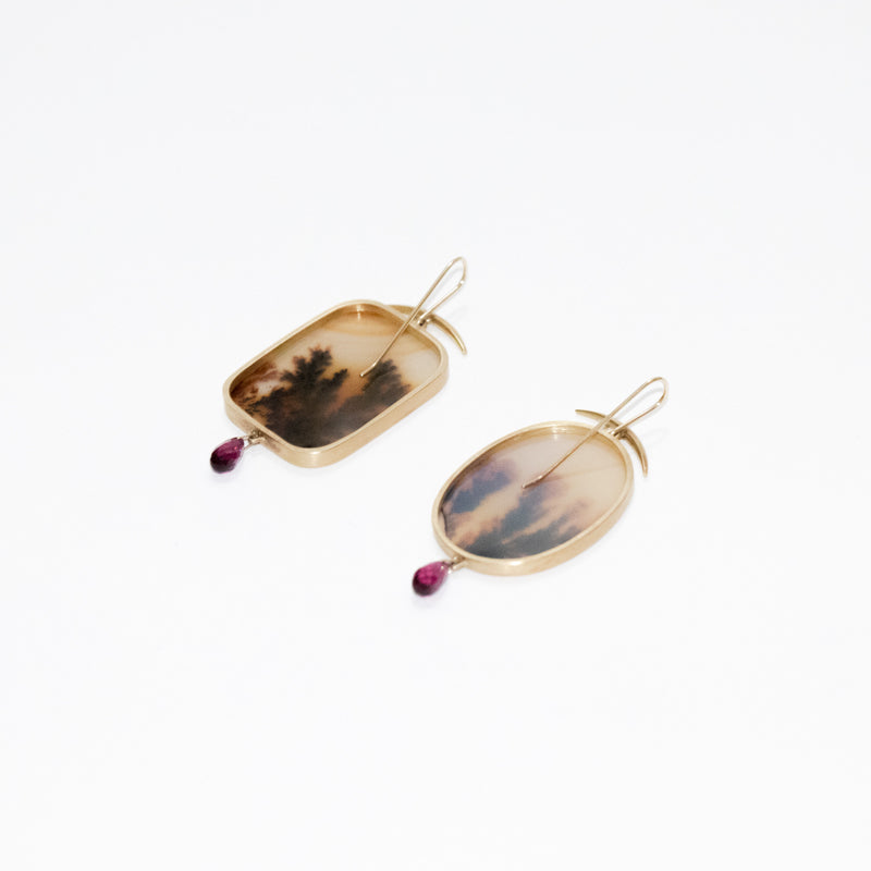Dendrite Earrings With Garnet Drop Assymentrical
