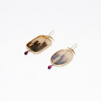 Dendrite Earrings With Garnet Drop Assymentrical